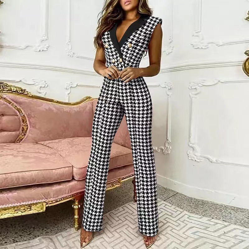 Women Color Matching Button V-Neck Sleeveless Houndstooth Jumpsuit