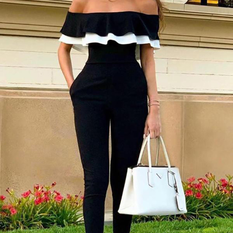 Women Black White Ruffle Line Neck Short Sleeve Neck Waist Slim Jumpsuit