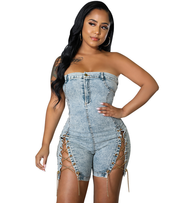 Women Fashion Sexy Off-The-Shoulder Slit Chain Lace-Up Denim Rompers