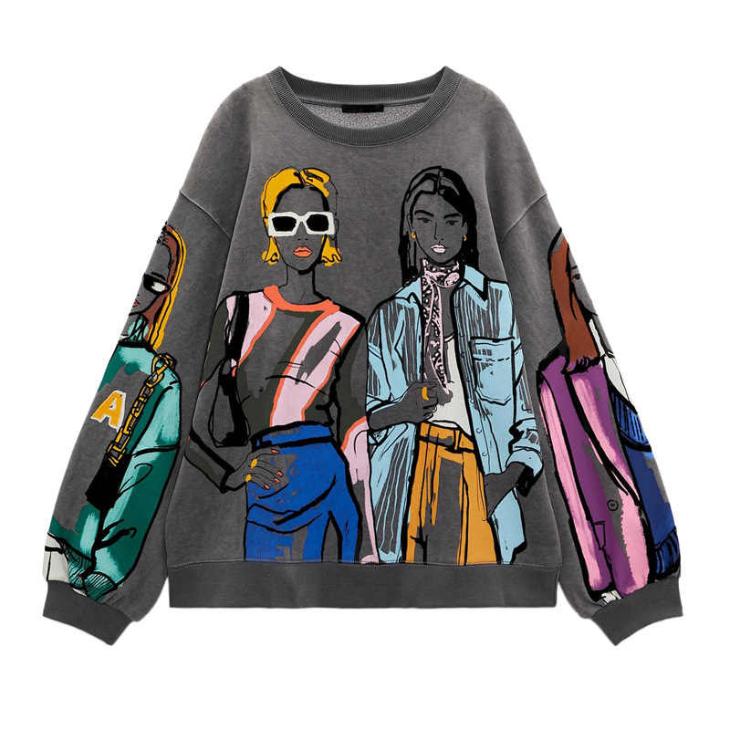 Autumn Winter Women Fleece-Lined Round Neck Loose Graphic Printed Sweatshirt