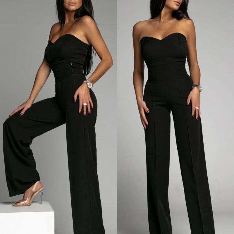 Women Solid Color Tube Top Casual High Waist Wide Leg Jumpsuit