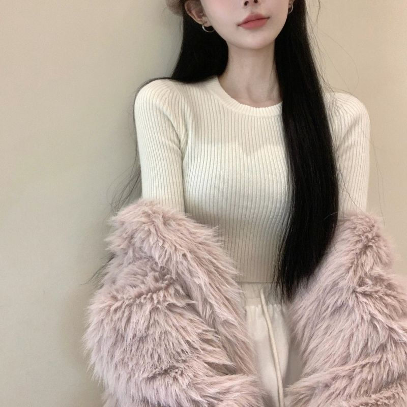 Women Casual Edgy Basic Solid Round Neck Rib-Knit Slim Long Sleeve Crop Top