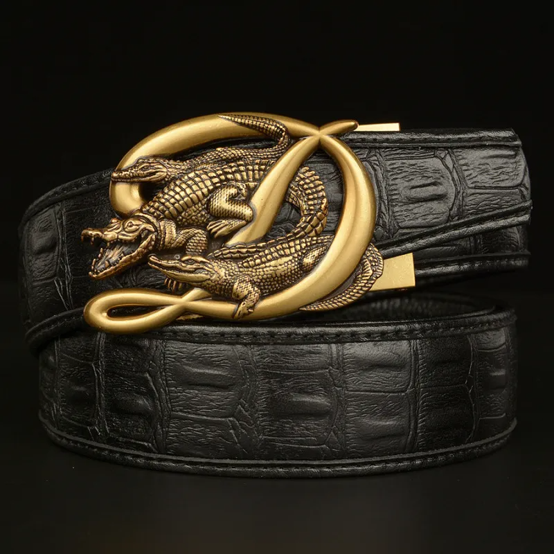 Men Fashion Casual Business Solid Color Leather Metal Buckle Crocodile Belt