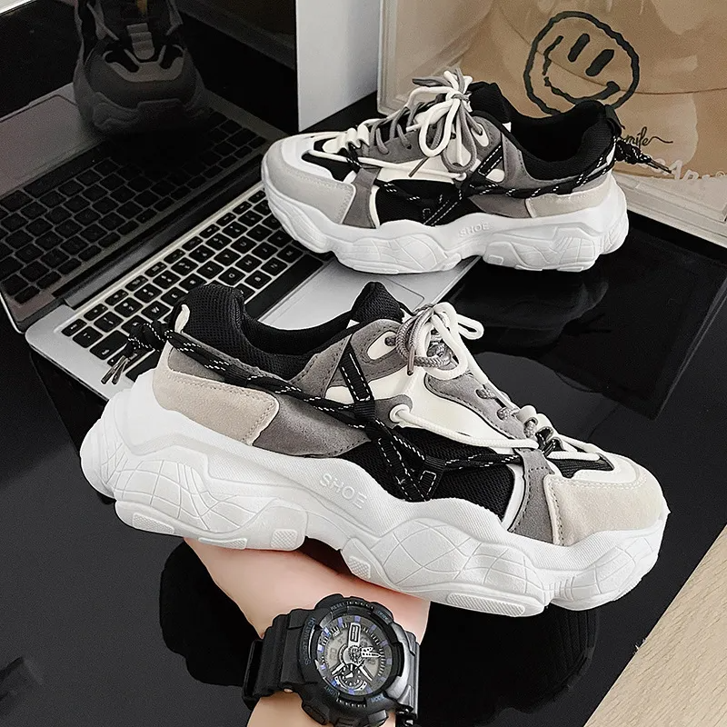 Men Fashion Casual Color Matching Lace-Up Thick-Soled Sneakers