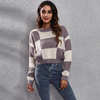 Women Simple Long Sleeve Plaid Jacquard Loose Knit Sweater