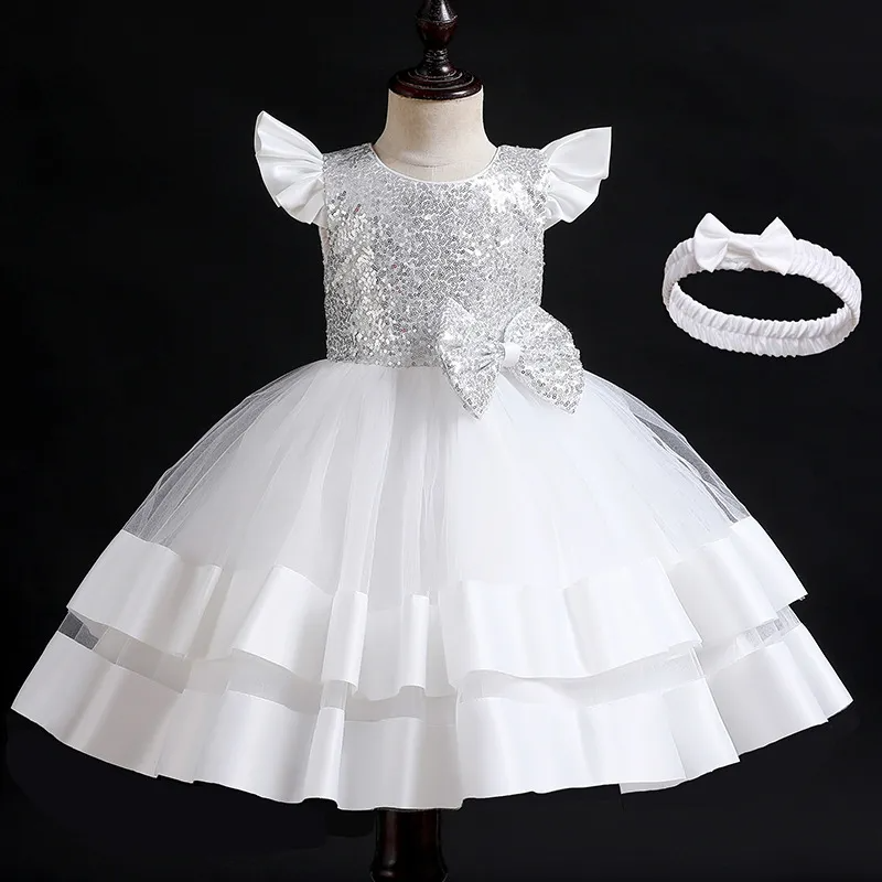 (Buy 1 Get 1) Kids Baby Girls Summer Fashion Party Cute Sweet Solid Color Sequins Bow Pleated Mesh Party Tutu Dress