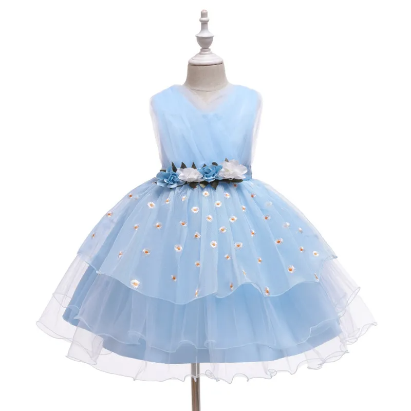 Kids Toddler Big Girls Fashion Party Cute Sweet Floral Solid Color Pleated Sleeveless Mesh Party Tutu Dress