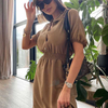 Women Fashion Casual Solid Color Lapel Single-Breasted Short Sleeve Dress