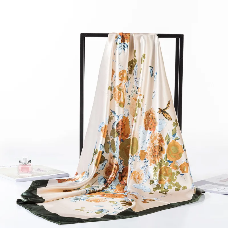 (Buy 1 Get 2) 90X90Cm Women'S Fashion Satin Satin Square Butterfly Floral Printed Silk Scarf