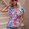 Fashion Women Summer Vacation Floral Print Double Layer Ruffled Short-Sleeved Blouse