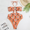 Fashion Flower Printed Women Pleating Halter Neck Swimsuit Cover Skirt Two Pieces Swimsuit