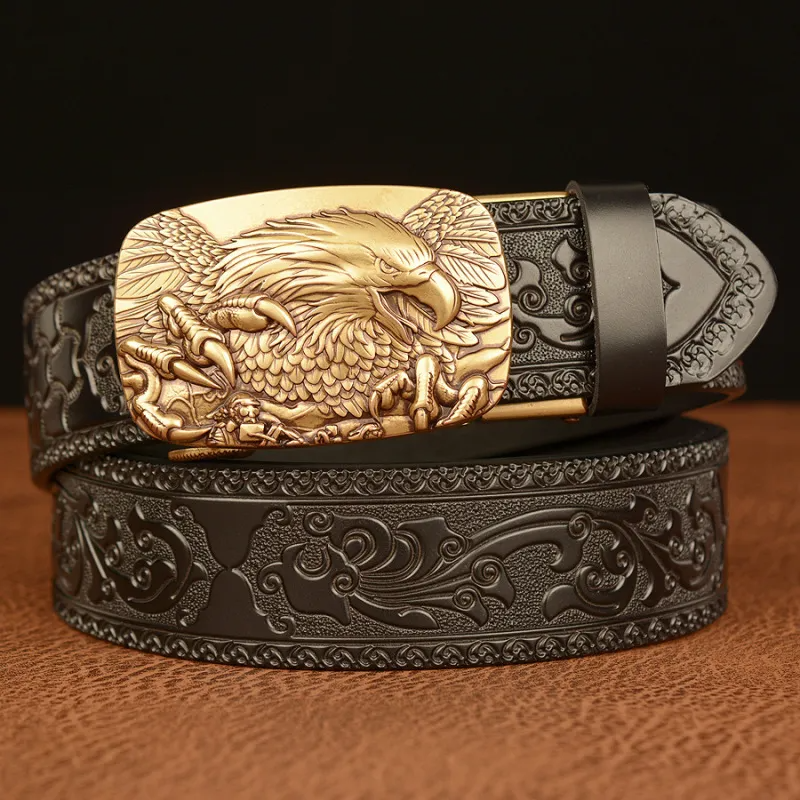 Men Fashion Casual Business Solid Color Embossed Leather Eagle Metal Buckle Belt