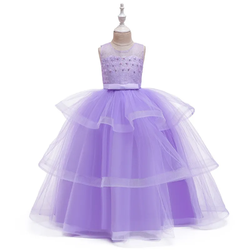 Kids Toddler Big Girls Fashion Party Cute Sweet Floral Solid Color Pearl Pleated Sleeveless Mesh Party Tutu Dress