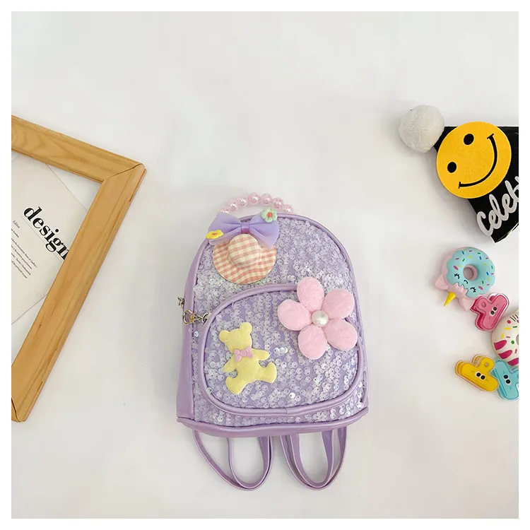 (Buy 1 Get 2) Kids Girls Fashion Cute Casual Sequins Carto Bear Flower Pearl Zipper School Backpack Bag