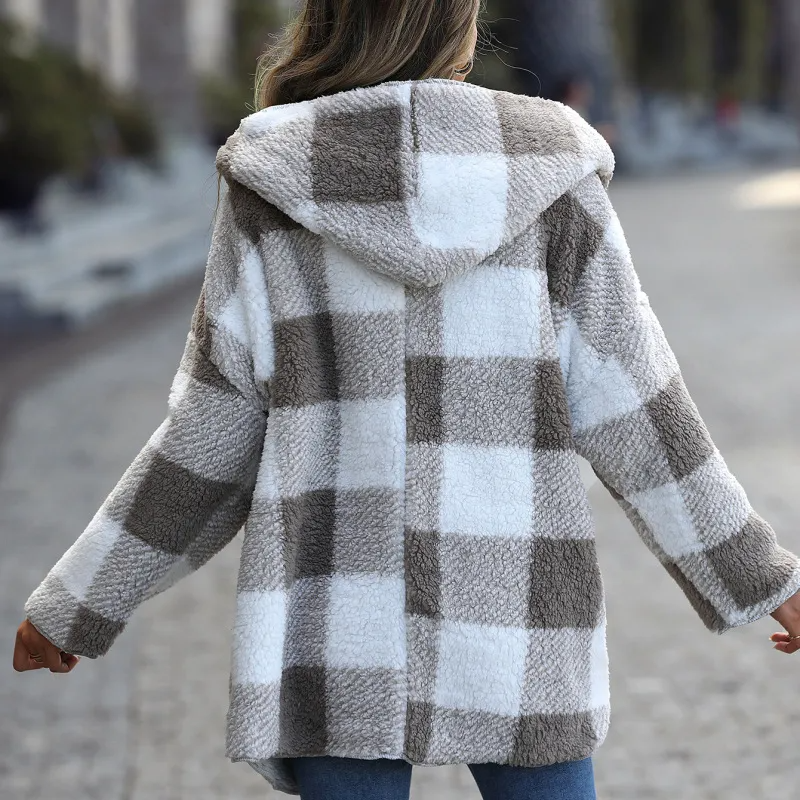 Women Winter Plush Plaid Hooded Jacket