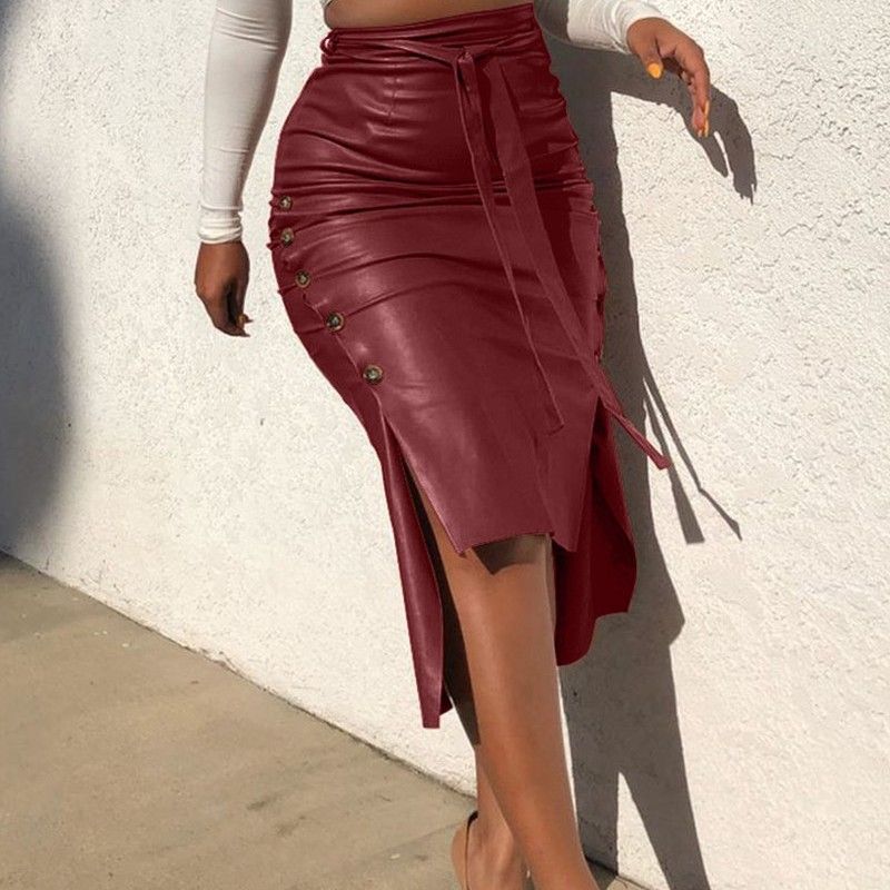 Women Simple Solid Color Slit Slim Tie Mid-Length Pu Skirt