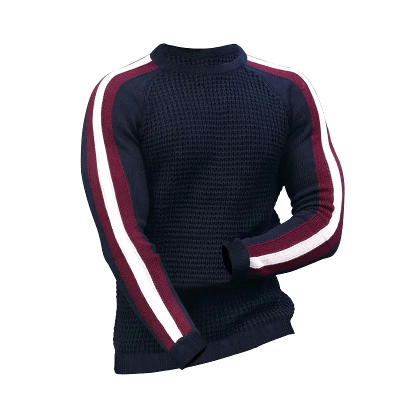 Men Autumn Winter Fashion Casual Simple Color Matching Round Neck Long Sleeve Knitted Shirt