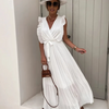 Women Elegant Solid Color Sleeveless Ruffled V Neck Maxi Party Vacation Dress