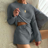 Women Casual Cozy Style Round Neck Long-Sleeved Wide-Leg Shorts Waffle Comfortable Two-Piece Loungewear Set