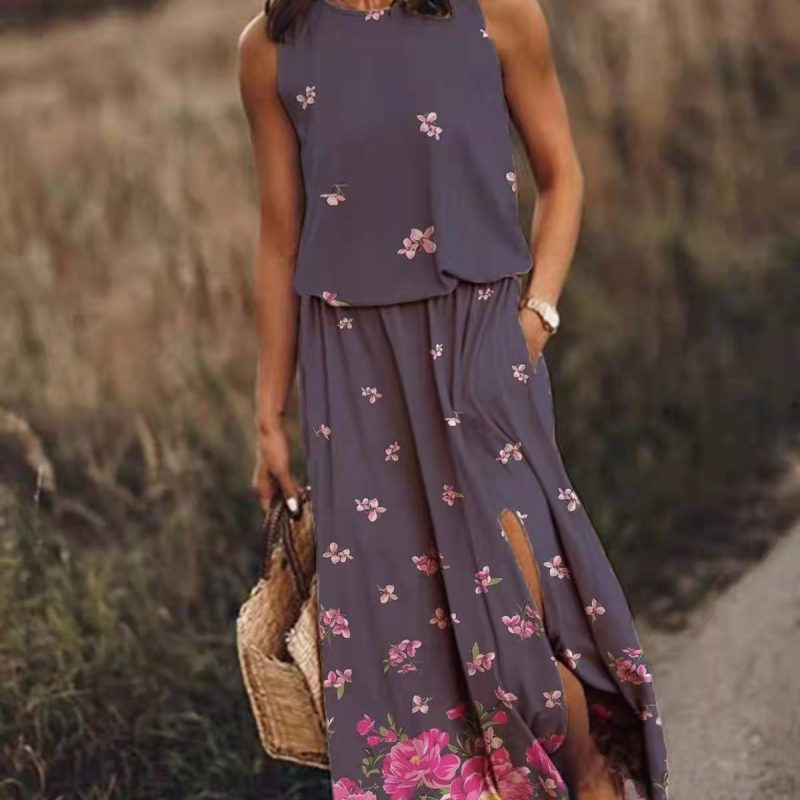 Women Fashion Vintage Casual Floral Printing Sleeveless Slit Loose Dress