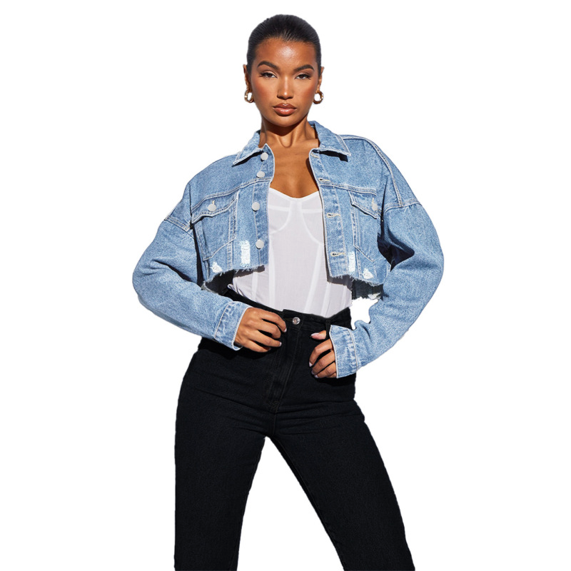 Women Denim Long Sleeve Lapel Button Top