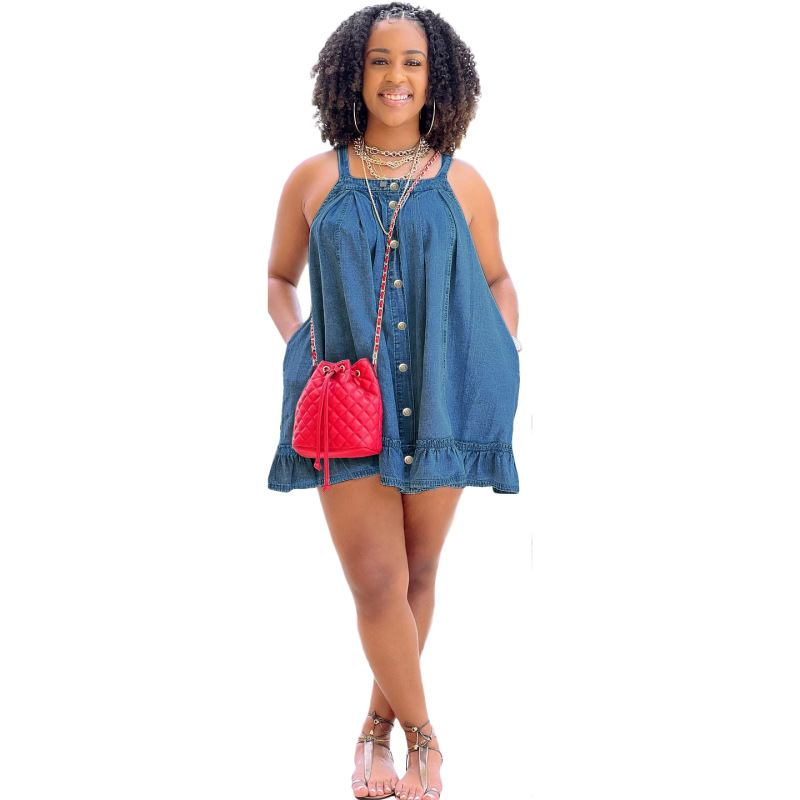 Women Casual Sleeveless Solid Color Ruffled Loose Denim Dress