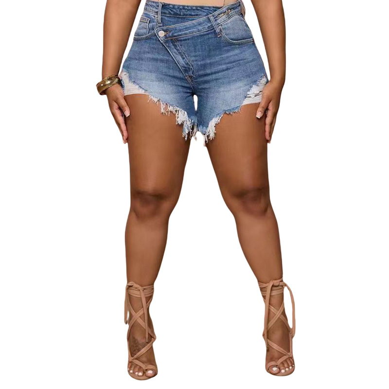 Women Simple Tassel Elastic Denim Shorts