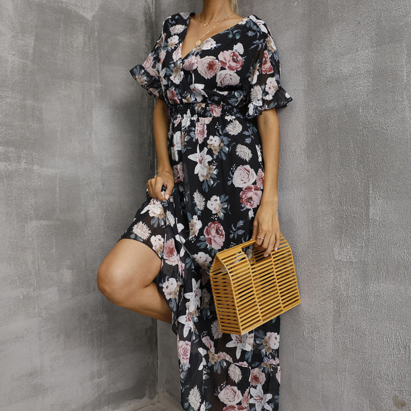 Women Fashion Casual Floral Printing V-Neck Short Sleeve Slit Dress