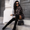 Turtleneck Long-Sleeve Animal Print Bodycon Dress