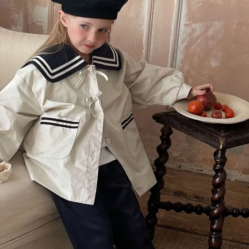 ( Buy 1 Get 2 )Kids Toddler Girls Spring Autumn Casual Cute Solid Color Sailor Suit Button Lapel Long Sleeve Coat