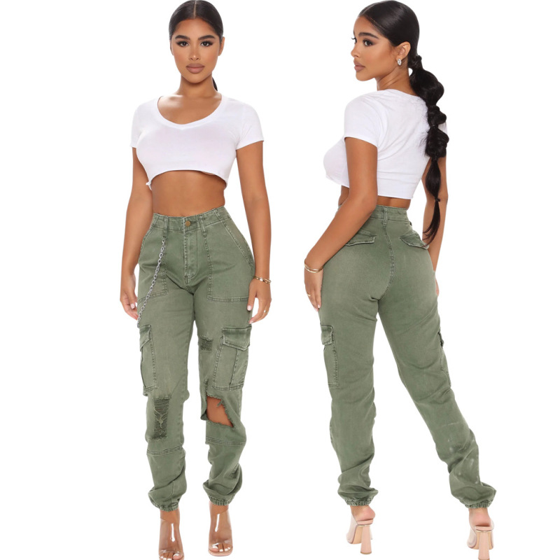 Women Summer Fashion Camouflage Printed Casual High Waist Ripped Pants