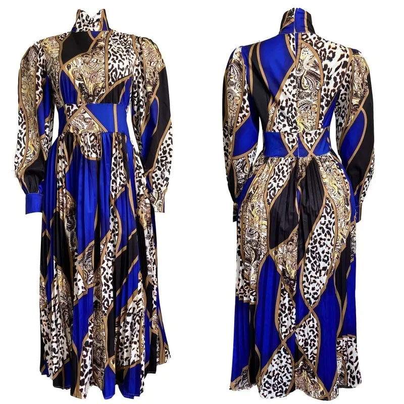 Women Ramadan /Eid Fashion Casual Leopard Printing Mock Neck Long Sleeve Dress