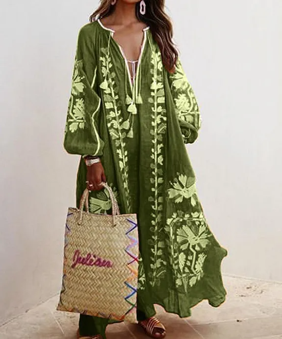 Ramadan /Eid Women Retro Loose V-Neck Long Sleeve Printed Maxi Dress