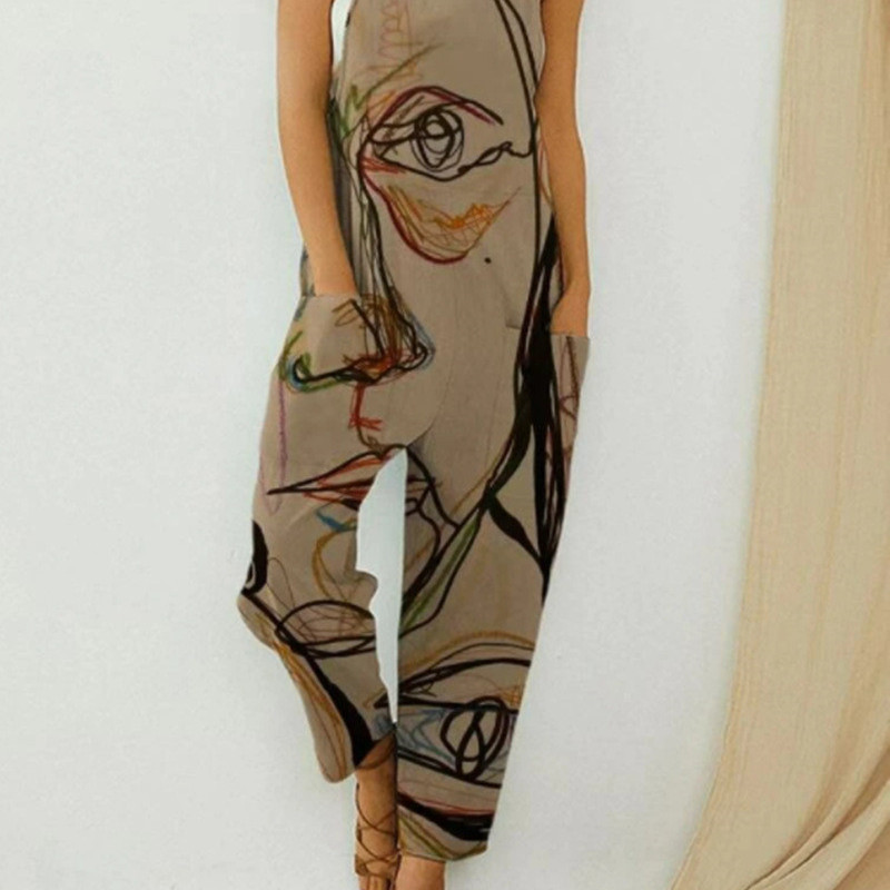 Women Vintage Abstract Print Suspender Jumpsuit