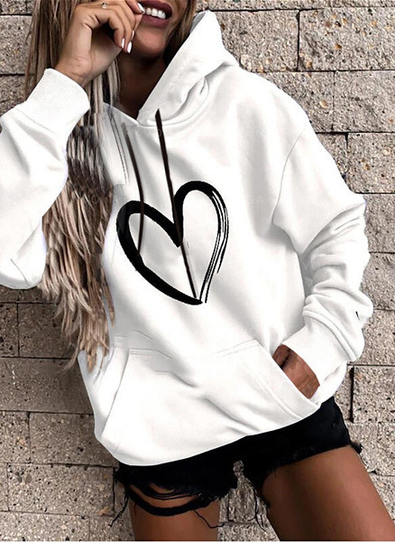 Women Casual Basic Hoodie Fashion Heart Print Long Sleeve Sweatshirt