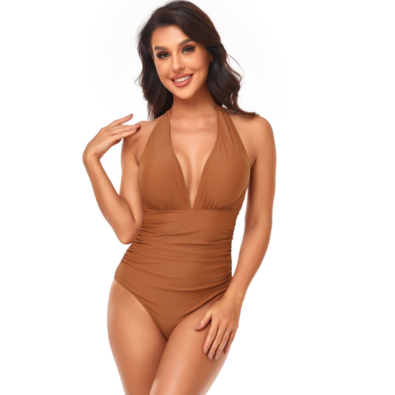 Women Simple Solid Color Shirring Halter Neck One-Piece Swimwear