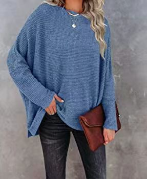 Women'S Casual Off Shoulder Dolman Long Sleeve Waffle Knit Oversized Pullover Tops