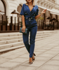 Women Solid Color Lapel V-Neck Short Sleeve Button Waist Casual Jumpsuit