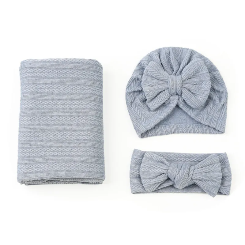 Baby Newborn Solid Color Swaddle Blanket And Turban Hat 3pcs Set