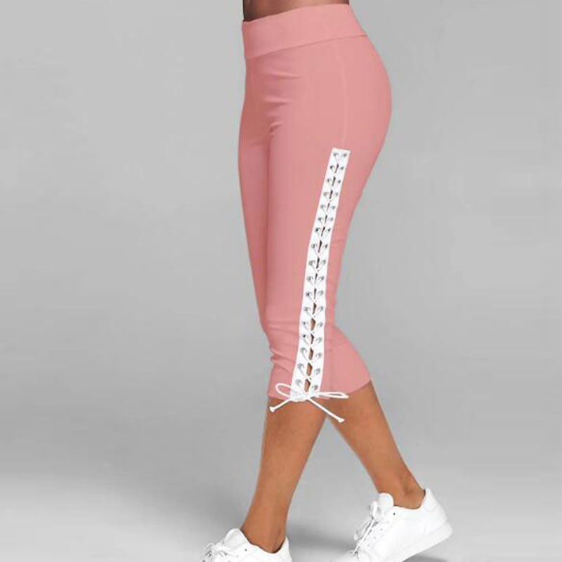 Women Lace-Up Casual Solid Color Cropped Sports Leggings