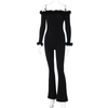 Women Solid Color Feather Long Sleeve One-Word Neck Slim Waist Fashion Jumpsuit