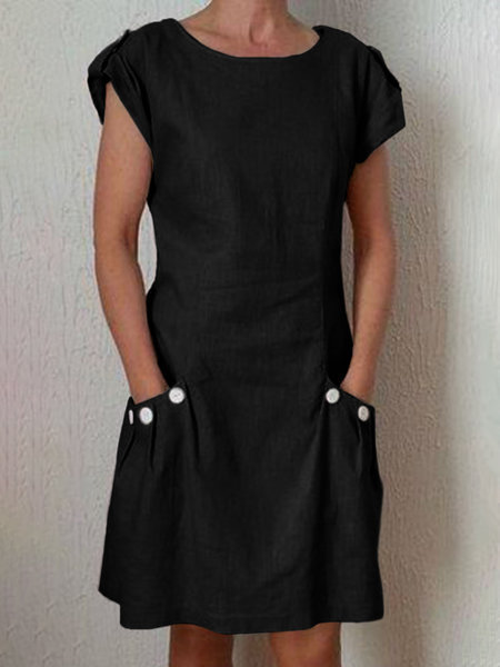 Women Fashion Casual Solid Color Pocket Short Sleeve Dress