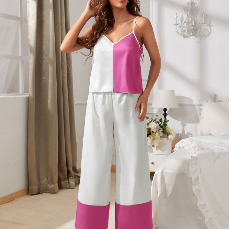 Cozy Women Lingerie Blocking Color Satin Pajamas Sleepwear