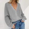 Women Casual V-Neck Buttoned Lantern Sleeve Sweater