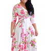 Ramadan /Eid Women Casual V-Neck Long-Sleeve Lace-Up Flower Print Maxi Swing Dress