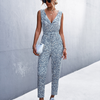 Women Leopard Print Waist Tie Sleeveless Jumpsuit