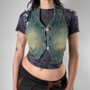 Women Edgy Fashion Distressed Denim Three-Breasted Backless Halter Neck Lapel Vest