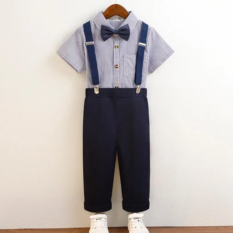 Kids Toddler Big Boys Spring Summer Autumn Fashion Casual British Style Bow Stripe Waistcoat Shirt Suspender Trousers Boys Party Clothing Set