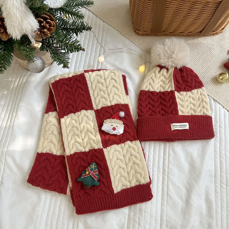 (Buy 1 Get 1) Kids Unisex Autumn Winter Casual Cute Christmas Cartoon Versatile Colorblock Knitwear Scarf Hat Sets