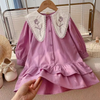 Kids Toddler Girls Fashion Casual Cute Solid Color Embroidery Floral Plaid Lapel Dress